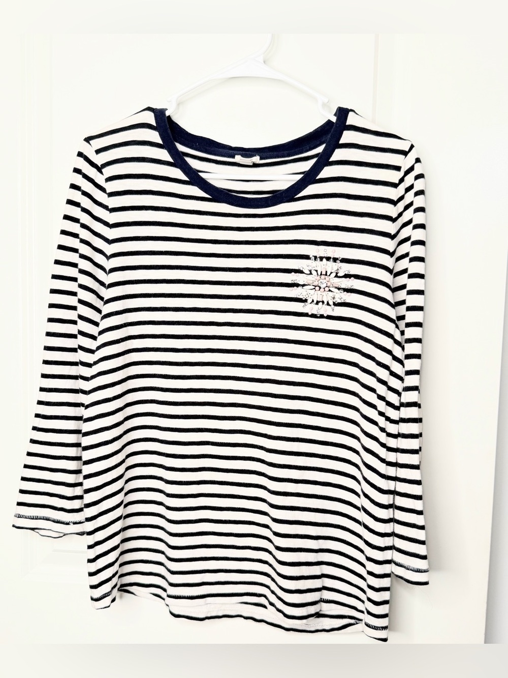 J.Crew Womens Large Striped Embellished Jeweled Top Navy White Long Sleeve